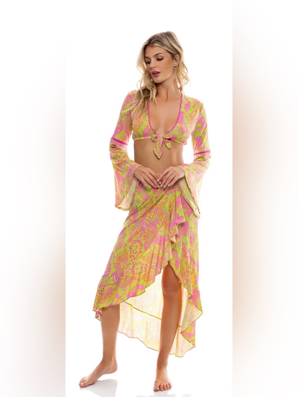 Luli Fama‎ Pink & Lime Born to Be Wild Tie-Front Two-Piece Cover-Up Set Small